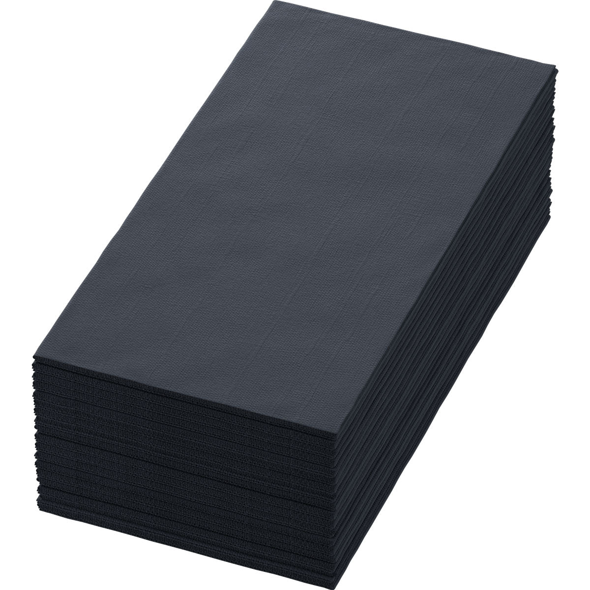 Une pile de serviettes Duni GmbH Zellt.Serv.40x40 3lg 1/8 BF noir, serviettes noires de haute qualité (40x40 cm, 3 couches, paquet de 250), repose proprement pliée et non utilisée sur un fond blanc.