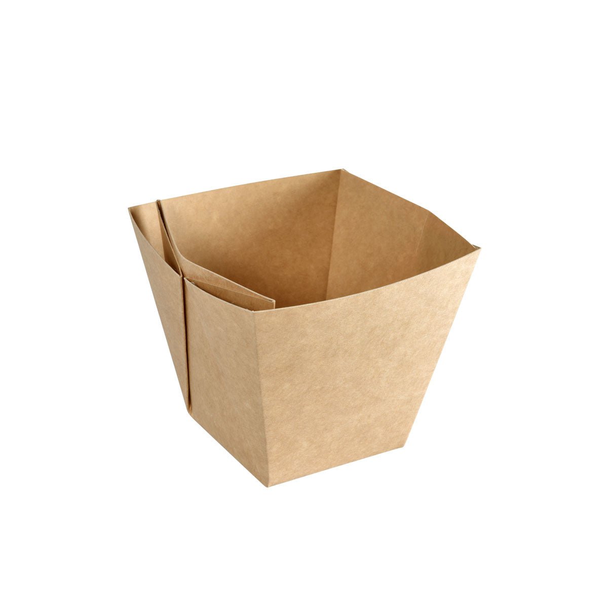 L'image montre une boîte Viking Cube High Box marron en carton/PE 113x113x100 de Duni GmbH, un conteneur alimentaire marron en papier avec des côtés carrés et un couvercle ouvert, sur fond blanc. Emballage (300 pièces).