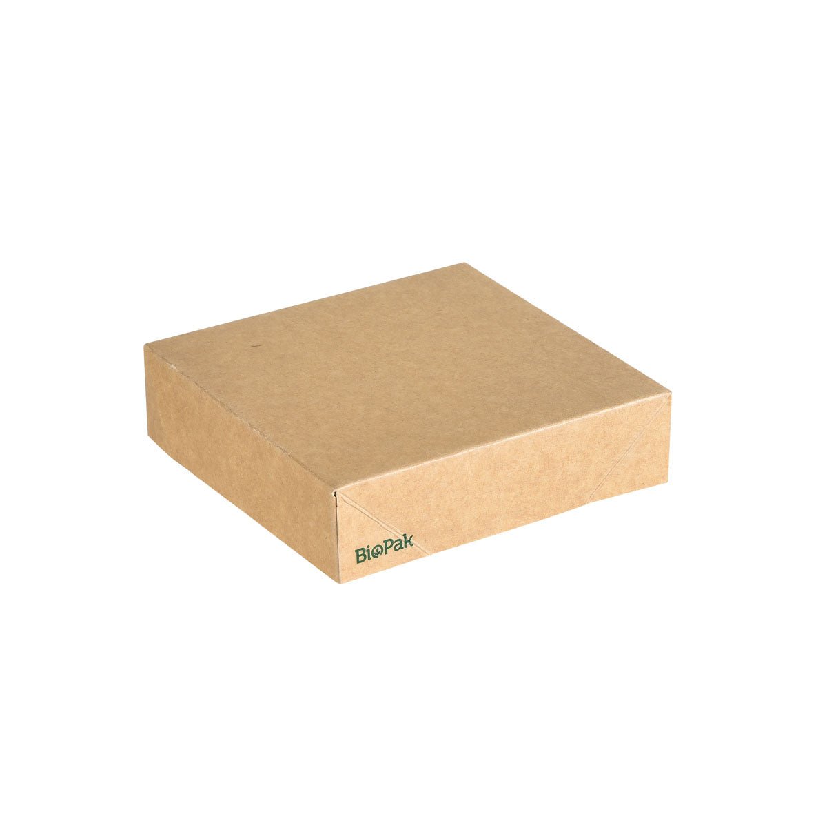 Un simple couvercle carré, marron Viking Cube Carton/PLA 113x113x29 de Duni GmbH, imprimé avec "BioPak" en vert-idéal comme emballage écologique. L'emballage contient 300 pièces.