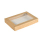Le couvercle Viking Brick avec fenêtre PLA carton brun/PLA 200x140x30 de Duni GmbH est une boîte rectangulaire en papier kraft avec une fenêtre PLA transparente, vide et idéale comme emballage durable. Paquet : 300 pièces. Illustré sur fond blanc.