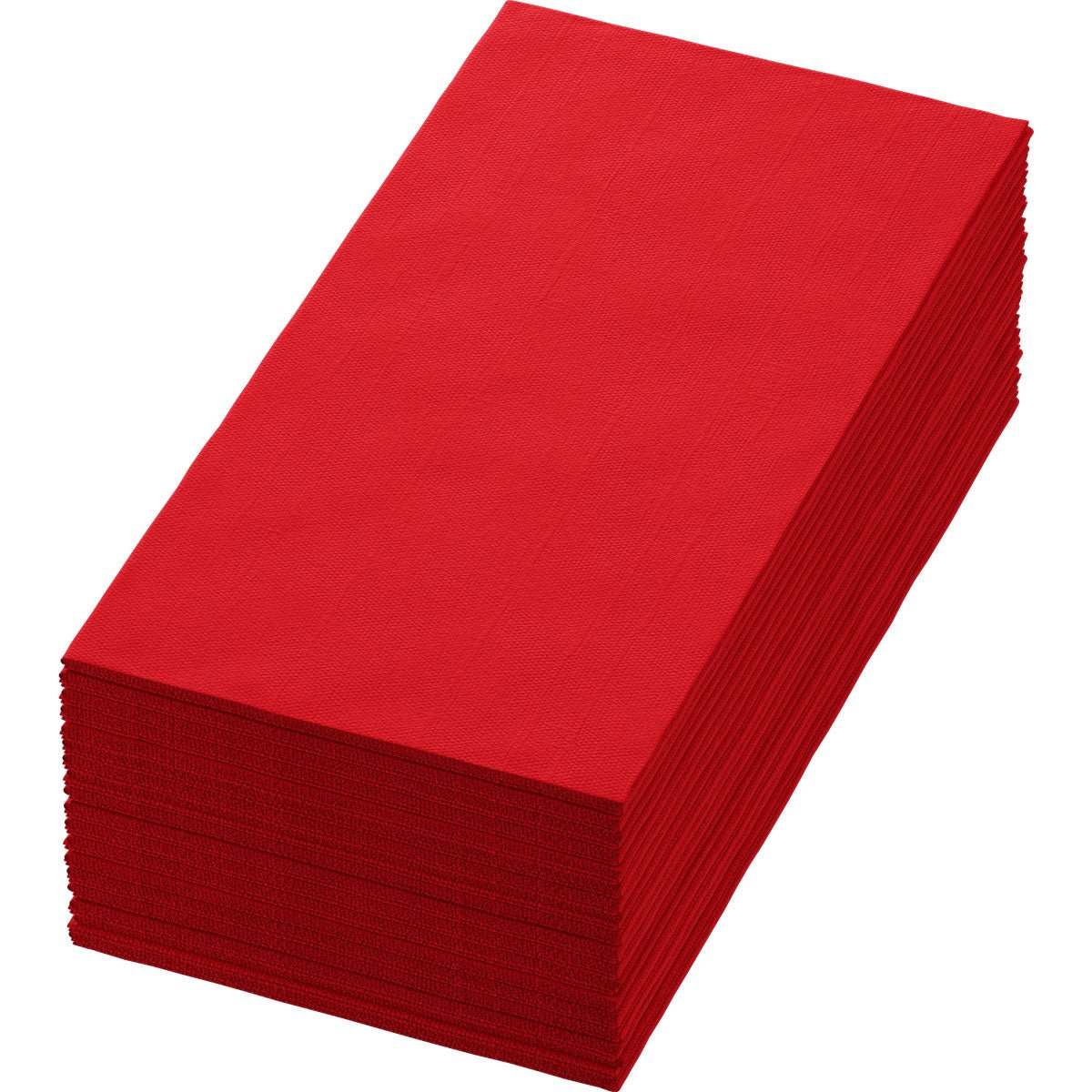 Une pile de serviettes rouges Bio-Dunisoft 40 x 40 cm 1/8 pli livre de Duni GmbH est soigneusement alignée sur un fond blanc.