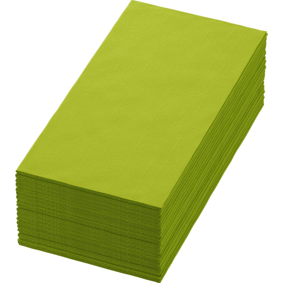 Une pile de serviettes rectangulaires, vert tendre Bio-Dunisoft 40 x 40 cm 1/8 pli livre de Duni GmbH est soigneusement alignée et montre à la fois les bords supérieurs et latéraux en vue oblique.