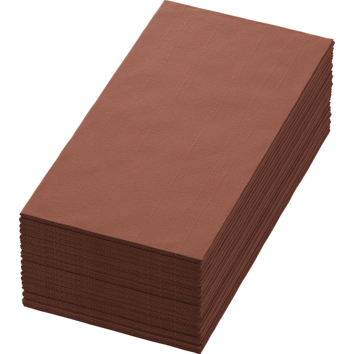 Une pile de serviettes Bio-Dunisoft 40 x 40 cm 1/8 pli livre de Duni GmbH en marron est soigneusement arrangée et visible en perspective oblique sur un fond blanc.
