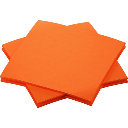 Quatre piles de serviettes Bio-Dunisoft 20 x 20 cm de la société Duni GmbH, de couleur orange vif, sont disposées en se chevauchant légèrement sur un fond blanc. Chaque pile est composée de plusieurs serviettes carrées et durables.