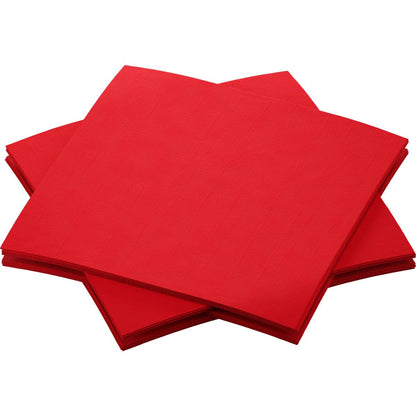 Quatre serviettes Dunisoft bio d'un rouge vif, au format 20 x 20 cm, de la marque Duni GmbH, sont empilées en décalant leurs coins et reposent sur un fond blanc uni.