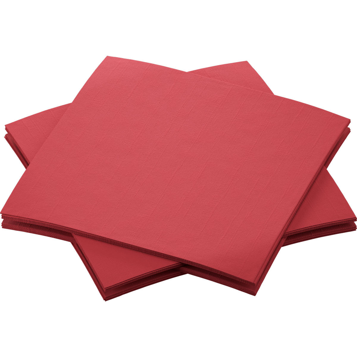 Une pile de serviettes Bio-Dunisoft de 20 x 20 cm, fabriquées par la société Duni GmbH, d'un rouge élégant, est soigneusement disposée sur un fond blanc.