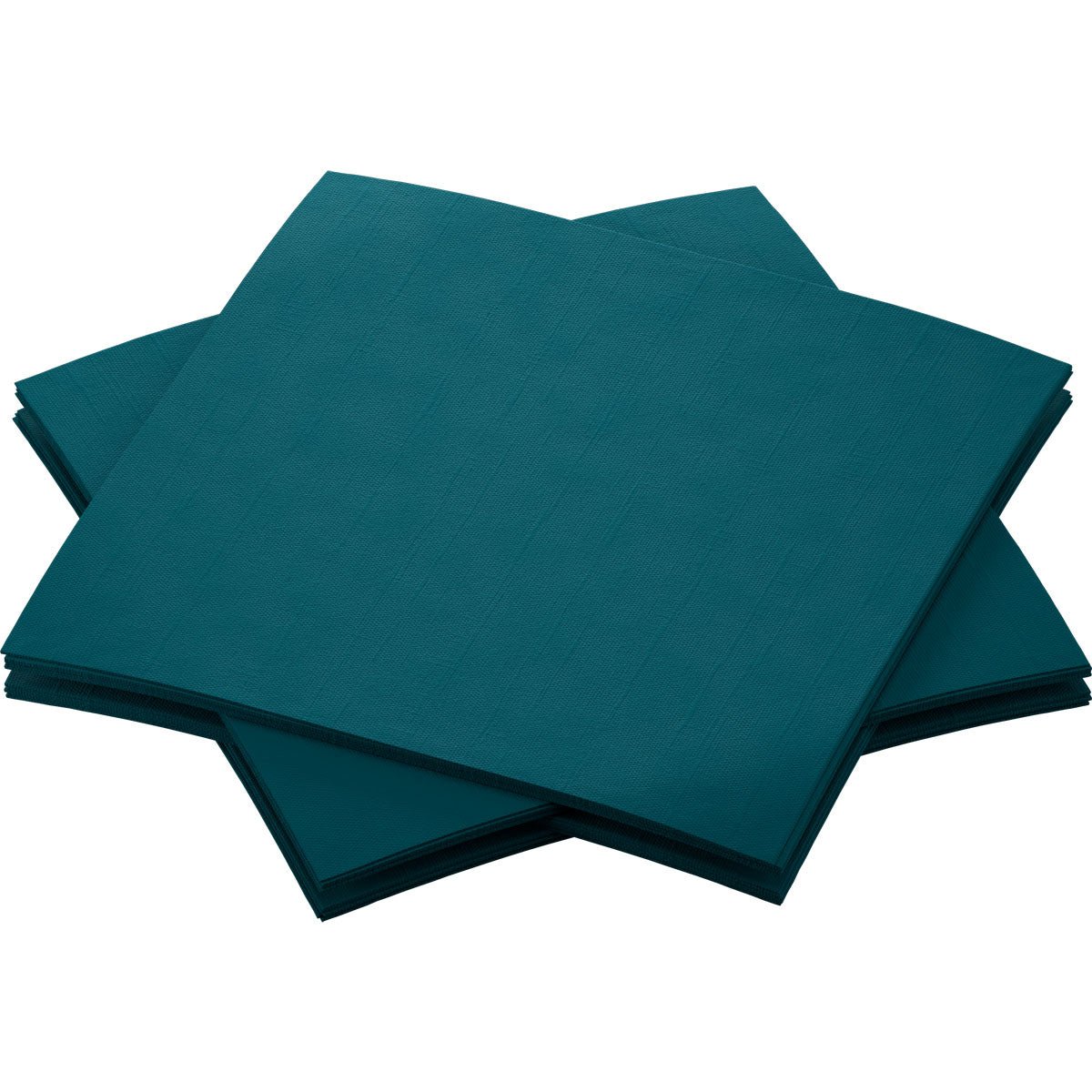 Une pile de serviettes Bio-Dunisoft de Duni GmbH, au format 20 x 20 cm et de couleur bleu sarcelle foncé, est disposée avec soin, en se chevauchant légèrement, sur un fond blanc uni.