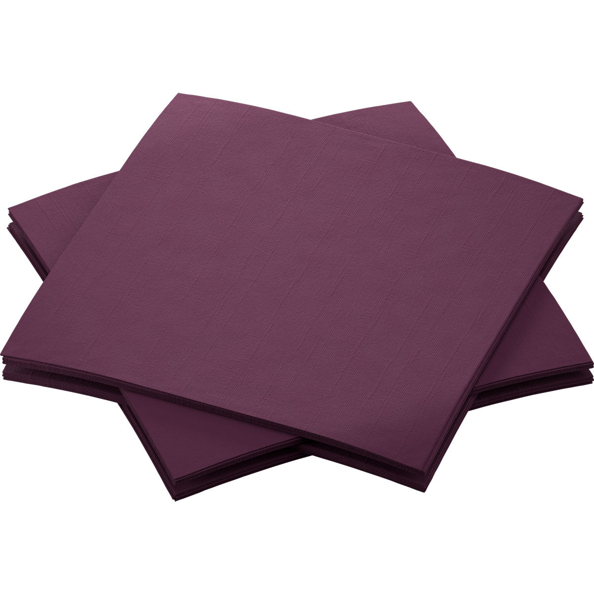 Quatre serviettes Bio-Dunisoft de 20 x 20 cm de la marque Duni GmbH sont disposées en se chevauchant légèrement sur un fond blanc : un choix à la fois durable, raffiné et élégant.