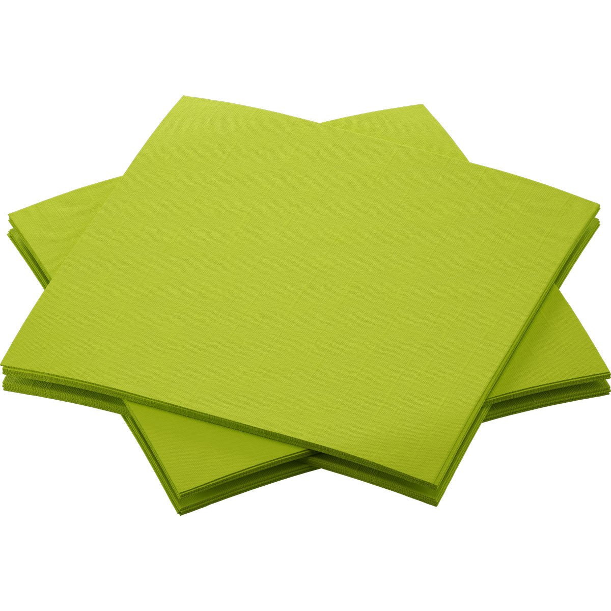Une pile de serviettes Bio-Dunisoft de Duni GmbH, de 20 x 20 cm, de couleur vert vif, est disposée selon un motif légèrement superposé sur un fond blanc.
