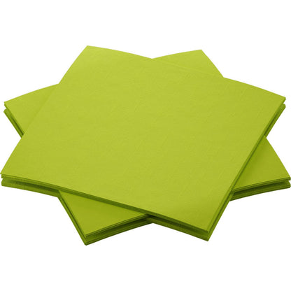 Une pile de serviettes Bio-Dunisoft de Duni GmbH, de 20 x 20 cm, de couleur vert vif, est disposée selon un motif légèrement superposé sur un fond blanc.