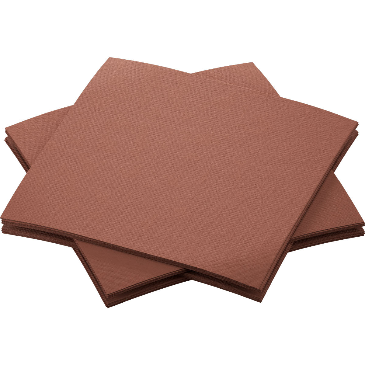 Quatre serviettes Bio-Dunisoft de 20 x 20 cm de la marque Duni GmbH, en papier brun, sont disposées en se chevauchant légèrement sur un fond blanc. Ces serviettes durables ont une surface lisse et sont respectueuses de l'environnement.