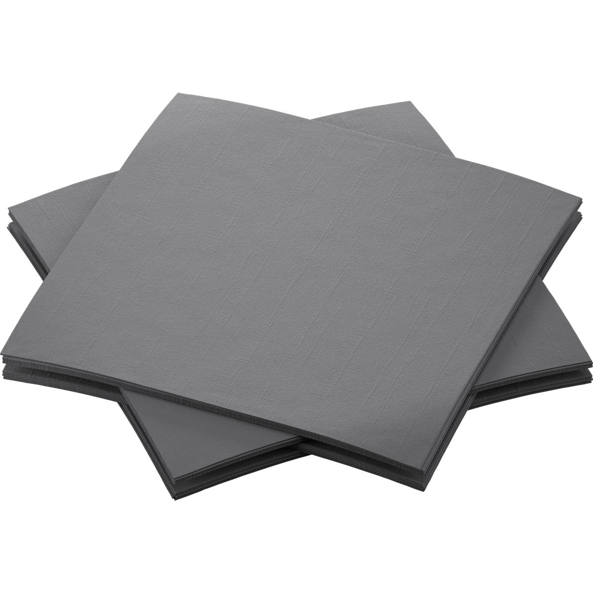 Quatre serviettes Dunisoft bio grises de 20 x 20 cm, fabriquées par la société Duni GmbH, sont empilées de manière légèrement asymétrique sur un fond blanc et présentent un design respectueux de l'environnement et durable.