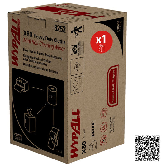 Die WypAll® X80 PowerClean Midi Roll, White (1 Karton x 180 Blatt) von Kimberly-Clark GmbH wird in einem Karton mit Produktabbildungen, Dosierungsanweisungen, einem "x1"-Einheitssymbol und einem QR-Code geliefert - ideal für den industriellen Reinigungsbedarf.