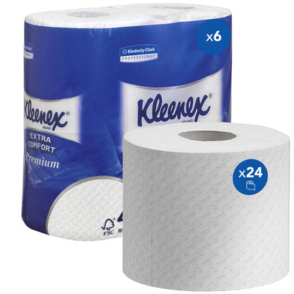 Un paquet de papier toilette Kleenex® de Kimberly-Clark GmbH contient 6 paquets de 4 rouleaux blancs chacun (160 feuilles/rouleau); Papier toilette premium pour un confort optimal.