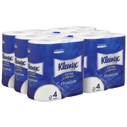 Six paquets de rouleaux de papier toilette Kleenex® de Kimberly-Clark GmbH avec 4 petits rouleaux blancs chacun et 160 feuilles par rouleau sont disposés en deux rangées. La boîte bleu et blanche présente un marquage produit clair sur le devant.