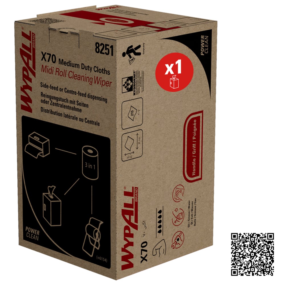 L'image montre une boîte marron de Kimberly-Clark GmbH avec WypAll® X70 PowerClean Midi Roll/Bleu (1 boîte x 207 feuilles) avec des détails du produit, des illustrations, un cercle rouge "x1" et un code QR dans le coin inférieur droit.