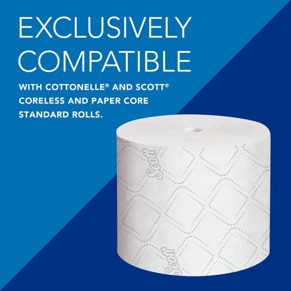 Un distributeur Kimberly-Clark Professional™ pour papier toilette sans noyau (blanc) de Kimberly-Clark GmbH est illustré devant un fond bleu, soulignant sa compatibilité exclusive avec le papier toilette sans noyau - une solution innovante et durable.