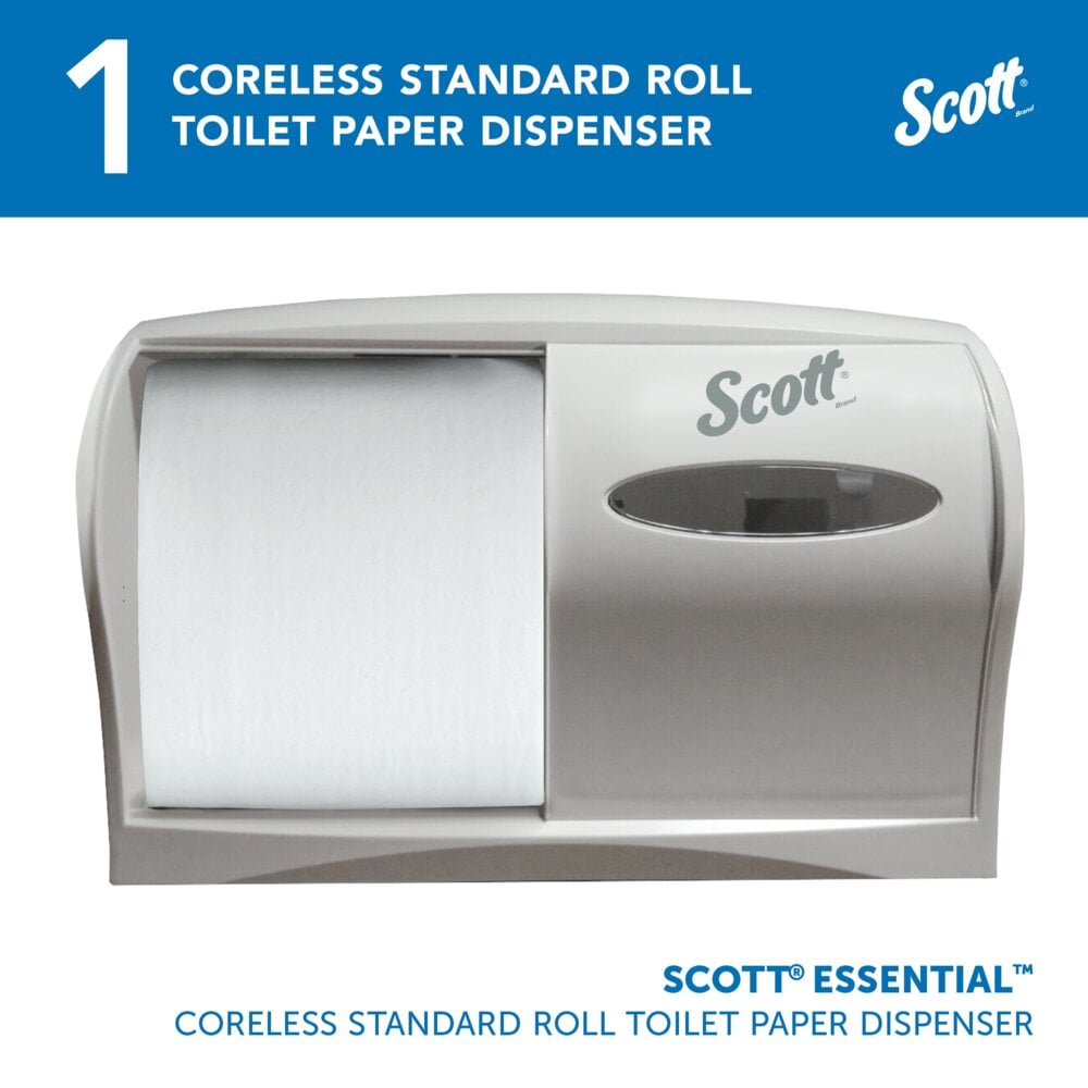 Le distributeur de papier toilette Kimberly-Clark Professional™ - Coreless en blanc de Kimberly-Clark GmbH est un distributeur mural durable avec fenêtre de visualisation et branding - idéal pour les salles de bain modernes.