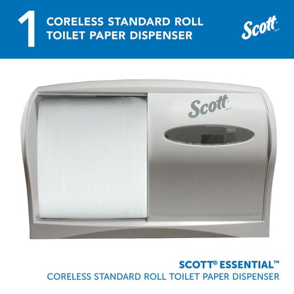 Le distributeur de papier toilette Kimberly-Clark Professional™ - Coreless en blanc de Kimberly-Clark GmbH est un distributeur mural durable avec fenêtre de visualisation et branding - idéal pour les salles de bain modernes.