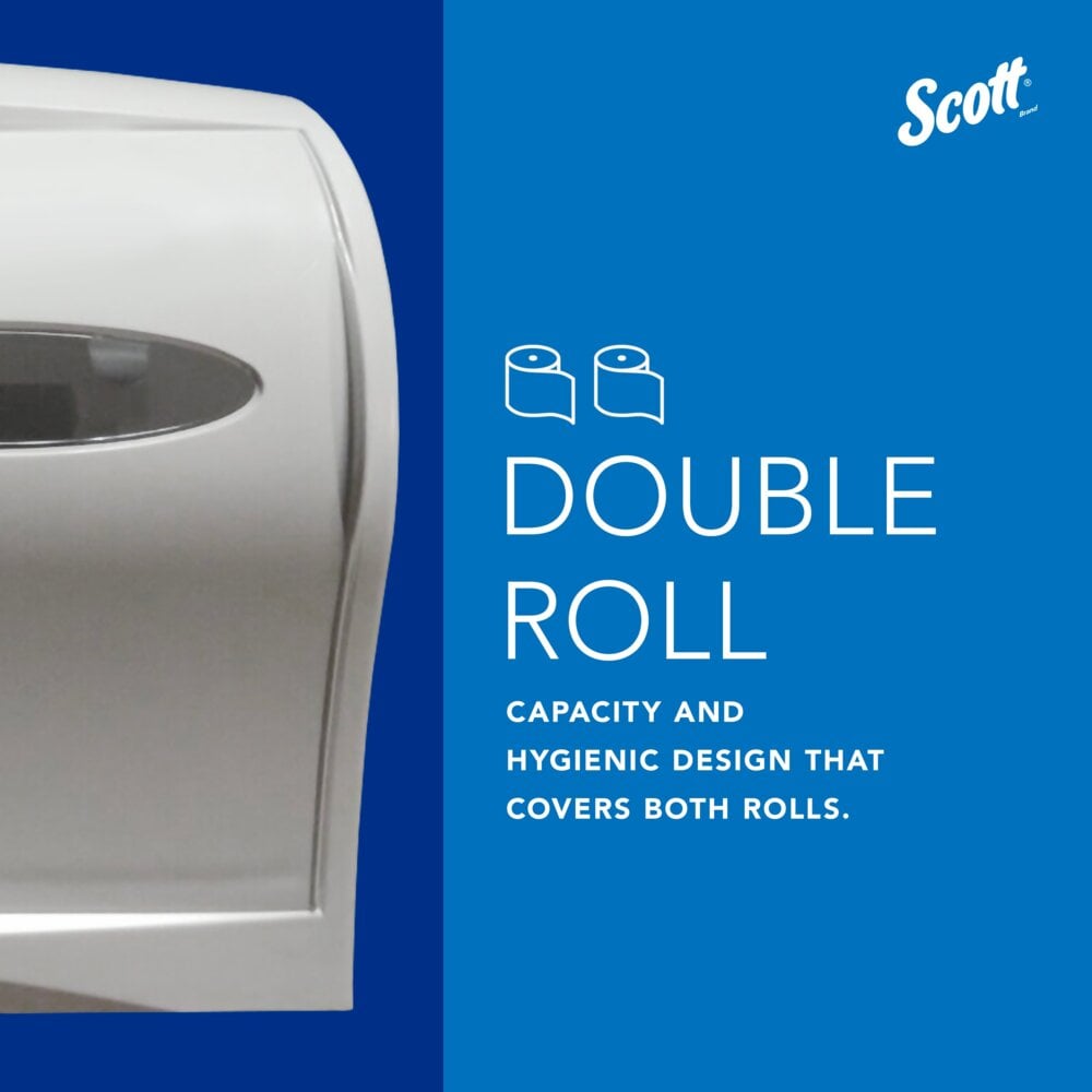 À gauche, un distributeur de papier toilette sans noyau Kimberly-Clark Professional™ blanc est illustré. Le texte bleu indique : "DOUBLE ROULEAUX. Capacité et design hygiénique qui couvrent les deux rouleaux." Logo de Kimberly-Clark GmbH en haut à droite - un choix durable pour les toilettes très fréquentées.