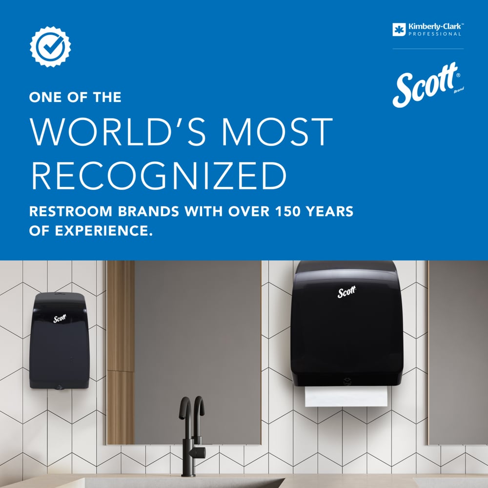 Une toilette avec un distributeur de serviettes en papier Scott, un distributeur de papier toilette sans noyau Kimberly-Clark Professional™ (blanc) et un distributeur de savon Scott au-dessus du lavabo. La partie supérieure met en avant 150 ans d'expérience et de durabilité de Scott.