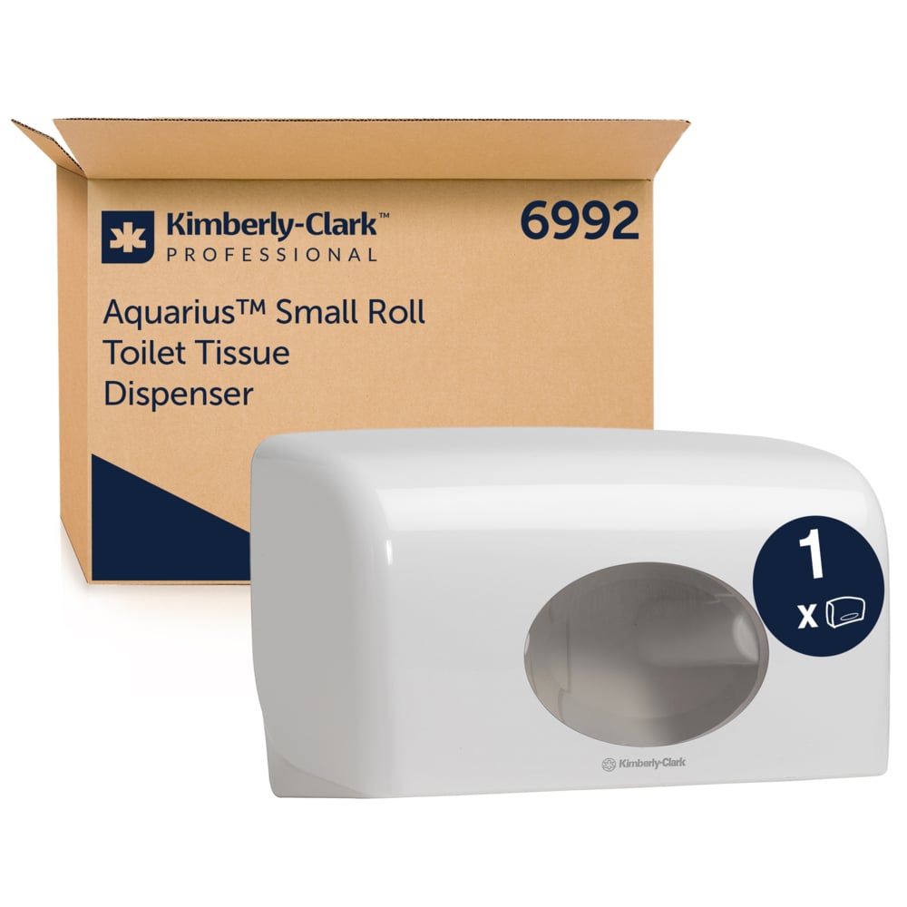 Un distributeur de papier toilette blanc Aquarius™ - petits rouleaux (18,00 cm x 29,80 cm x 12,80 cm) de Kimberly-Clark GmbH est représenté devant une boîte marron avec des informations sur la marque et le produit.