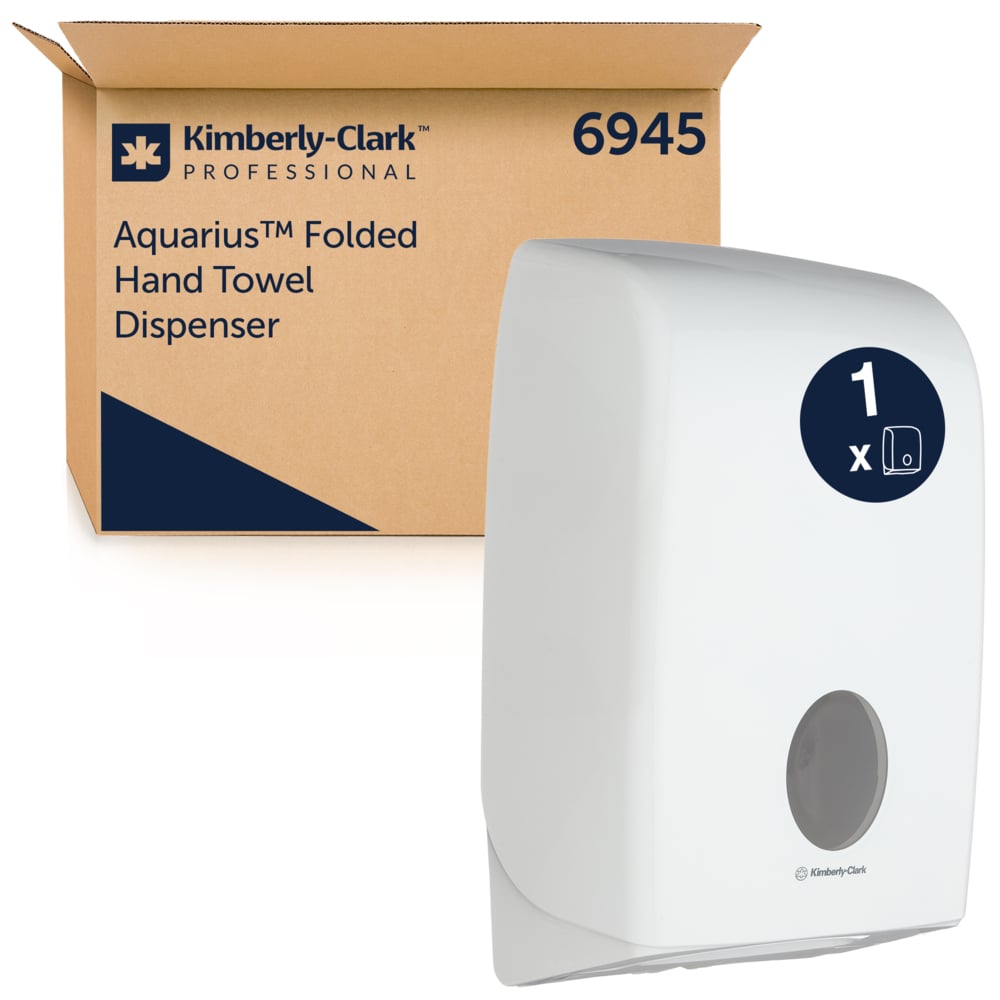 Un distributeur blanc Aquarius™ pour serviettes pliées de Kimberly-Clark GmbH se trouve à côté d'une boîte brune portant l'inscription "6945". Le distributeur a une fenêtre ronde qui garantit une distribution hygiénique des serviettes. 1 distributeur par carton.