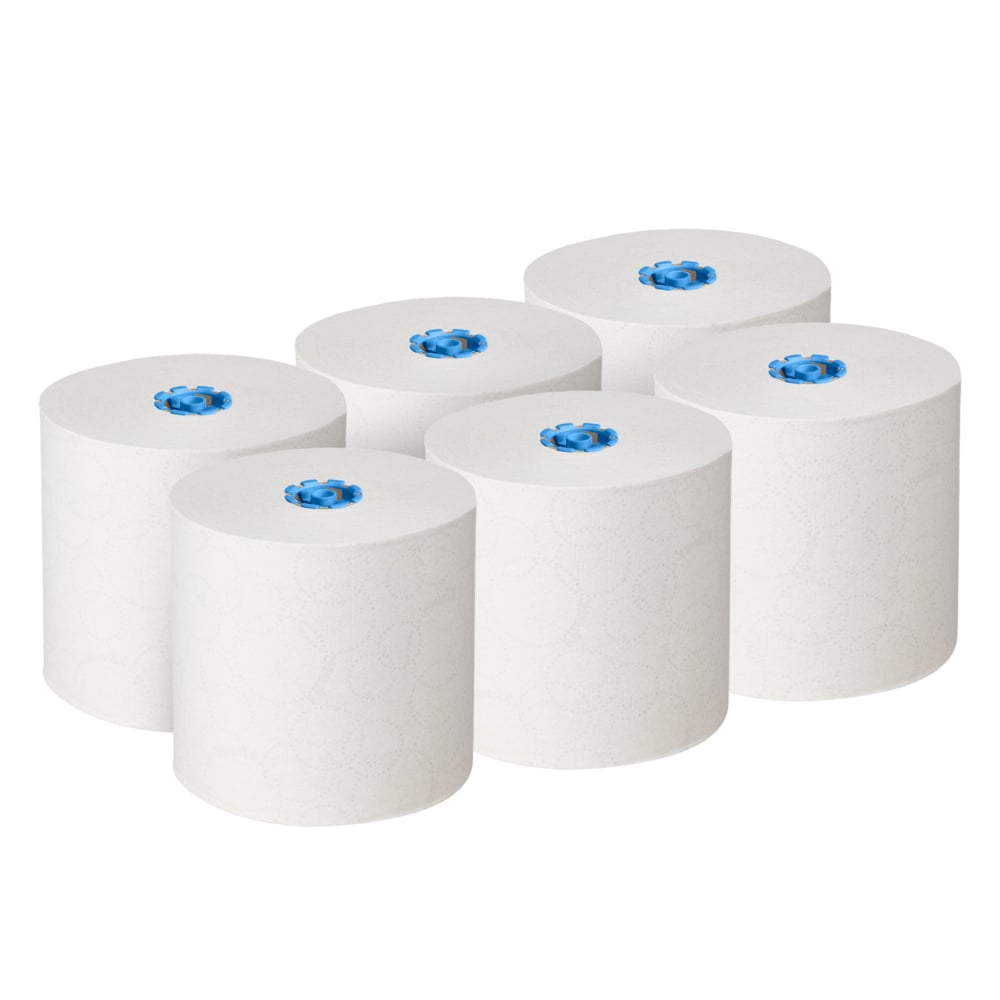 Six serviettes en rouleau Kleenex® blanches E-roll Large (1 couche, 6x250m) de Kimberly-Clark GmbH sont disposées en deux rangées et ont un noyau bleu visible - idéal pour le séchage hygiénique des mains et fabriqué à partir de papier recyclé.