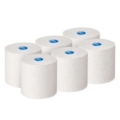 Six serviettes en rouleau Kleenex® blanches E-roll Large (1 couche, 6x250m) de Kimberly-Clark GmbH sont disposées en deux rangées et ont un noyau bleu visible - idéal pour le séchage hygiénique des mains et fabriqué à partir de papier recyclé.