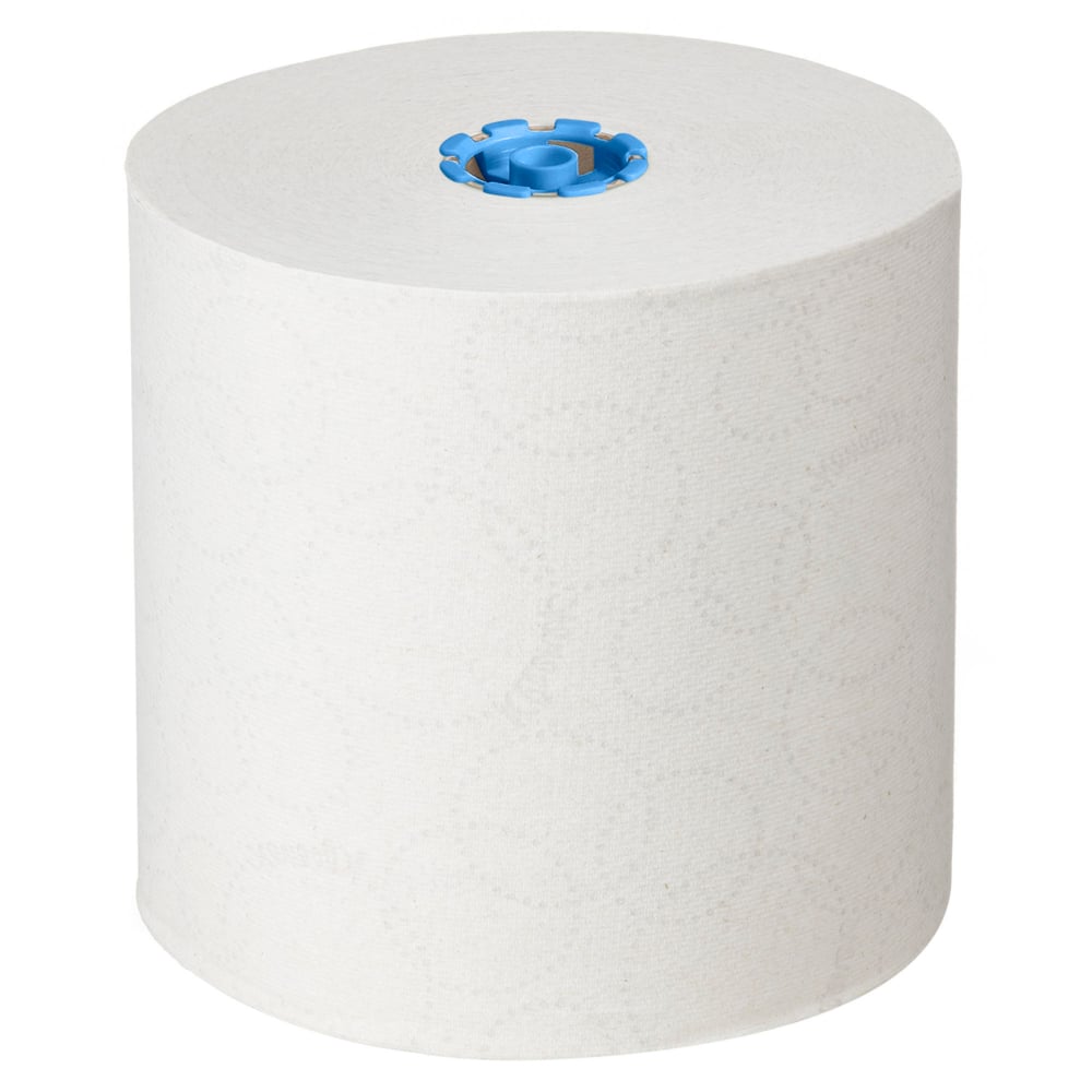 Un grand rouleau blanc de serviettes en rouleau Kleenex® - E-roll Large, 1 couche, 250m de Kimberly-Clark GmbH est debout avec un noyau bleu sur fond blanc, idéal pour le séchage hygiénique des mains. La boîte contient 6 rouleaux.