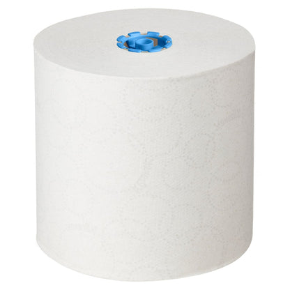 Un grand rouleau blanc de serviettes en rouleau Kleenex® - E-roll Large, 1 couche, 250m de Kimberly-Clark GmbH est debout avec un noyau bleu sur fond blanc, idéal pour le séchage hygiénique des mains. La boîte contient 6 rouleaux.