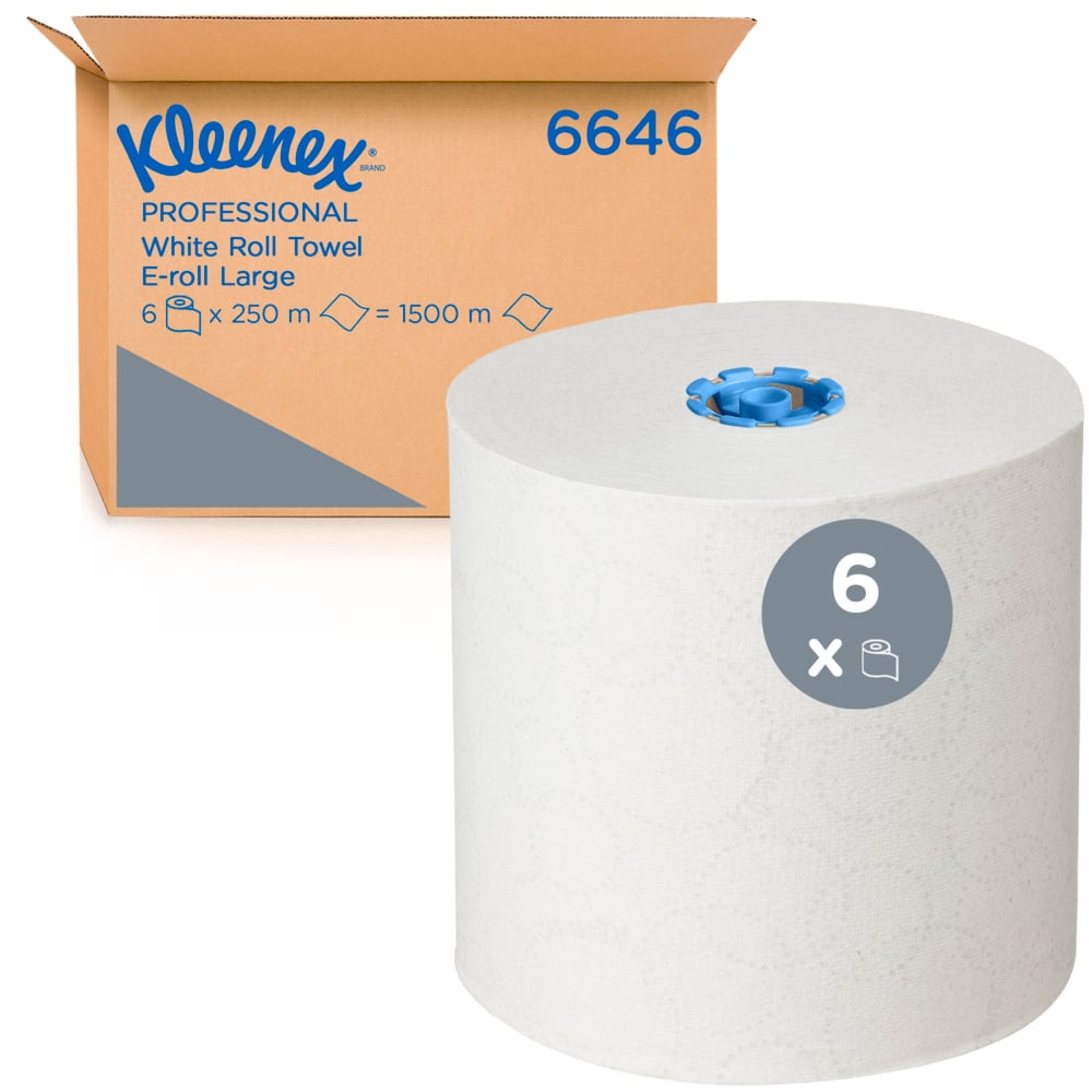 Un grand rouleau blanc de serviettes en rouleau Kleenex® de Kimberly-Clark GmbH est montré devant une boîte portant l'inscription "6646", contenant 6 rouleaux hygiéniques de 1 couche d'une longueur de 250 m chacun (1500 m au total), E-Rolle Large, Blanc.