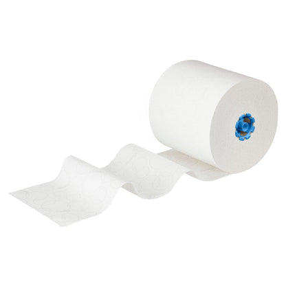 Les serviettes en rouleau Kleenex® E-roll Large de Kimberly-Clark GmbH, 1 couche blanche, 6x250m rouleaux par carton, sont partiellement déroulées pour montrer leur motif texturé - parfait pour le séchage hygiénique des mains - sur un fond blanc.