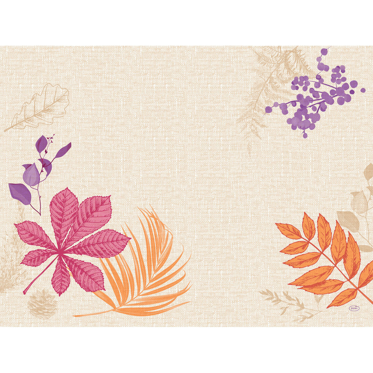 Ein beige strukturiertes Papier-Tischset 30x40cm Brigth Autumn von Duni GmbH-rosa, orange und lila Blätter mit lila Beeren schmücken die Ränder und lassen in der Mitte und oben rechts Freiraum; ideal für herbstliche Tischdekoration. Packung: 250 Stück.