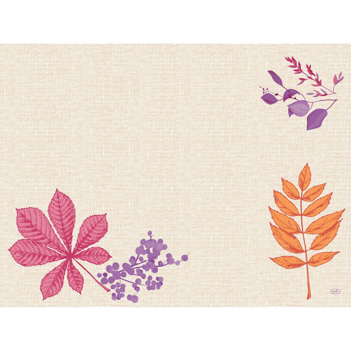 Un fond texturé de couleur beige, orné de trois plantes stylisées – une feuille rose avec des baies violettes (en bas à gauche), une feuille orange (en bas à droite) et des feuilles violettes (en haut à droite) – embellit les sets de table jetables Dunicel 30 x 40 de la société Duni GmbH.