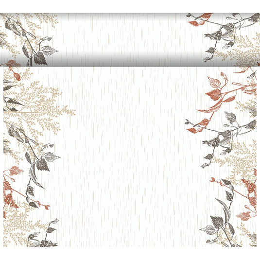 Le Bio-DC Tete a Tete (0.4x24m) de Duni GmbH a un fond beige, de fines lignes verticales et des motifs botaniques bruns, beiges et noirs sur le dessus et sur les côtés - idéal pour la décoration en bois naturel. Comprend une bordure horizontale assortie en haut.