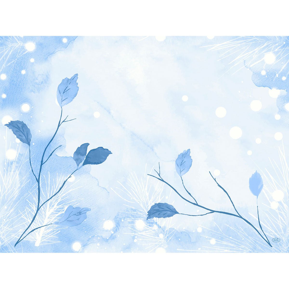 Un fond aquarelle bleu clair orné de branches feuillues et de pois blancs, aux textures douces et aux motifs abstraits – idéal pour les élégants sets Dunicel 30 x 40 de Duni GmbH.