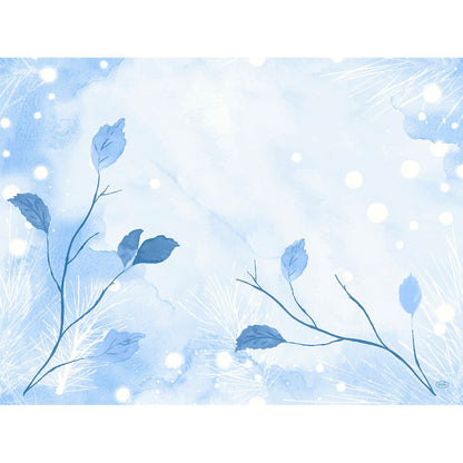 Un fond aquarelle bleu clair orné de branches feuillues et de pois blancs, aux textures douces et aux motifs abstraits – idéal pour les élégants sets Dunicel 30 x 40 de Duni GmbH.