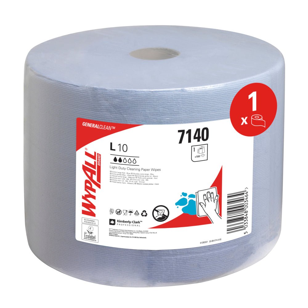 Le grand rouleau de lingettes bleues WypAll® L10 EXTRA de Kimberly-Clark GmbH (1 rouleau, 1500 feuilles, carton) dispose d'un trou central pour un retrait facile, est marqué avec le modèle 7140 et contient un symbole indiquant un rouleau.