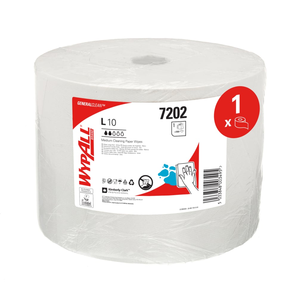 Un grand rouleau blanc de papier essuie-tout WypAll® L10 pour surfaces (38,00 cm x 23,50 cm) de Kimberly-Clark GmbH, dans un emballage plastique avec une étiquette rouge et blanche avec le numéro de produit 7202 et l'image d'un essuie-mains.