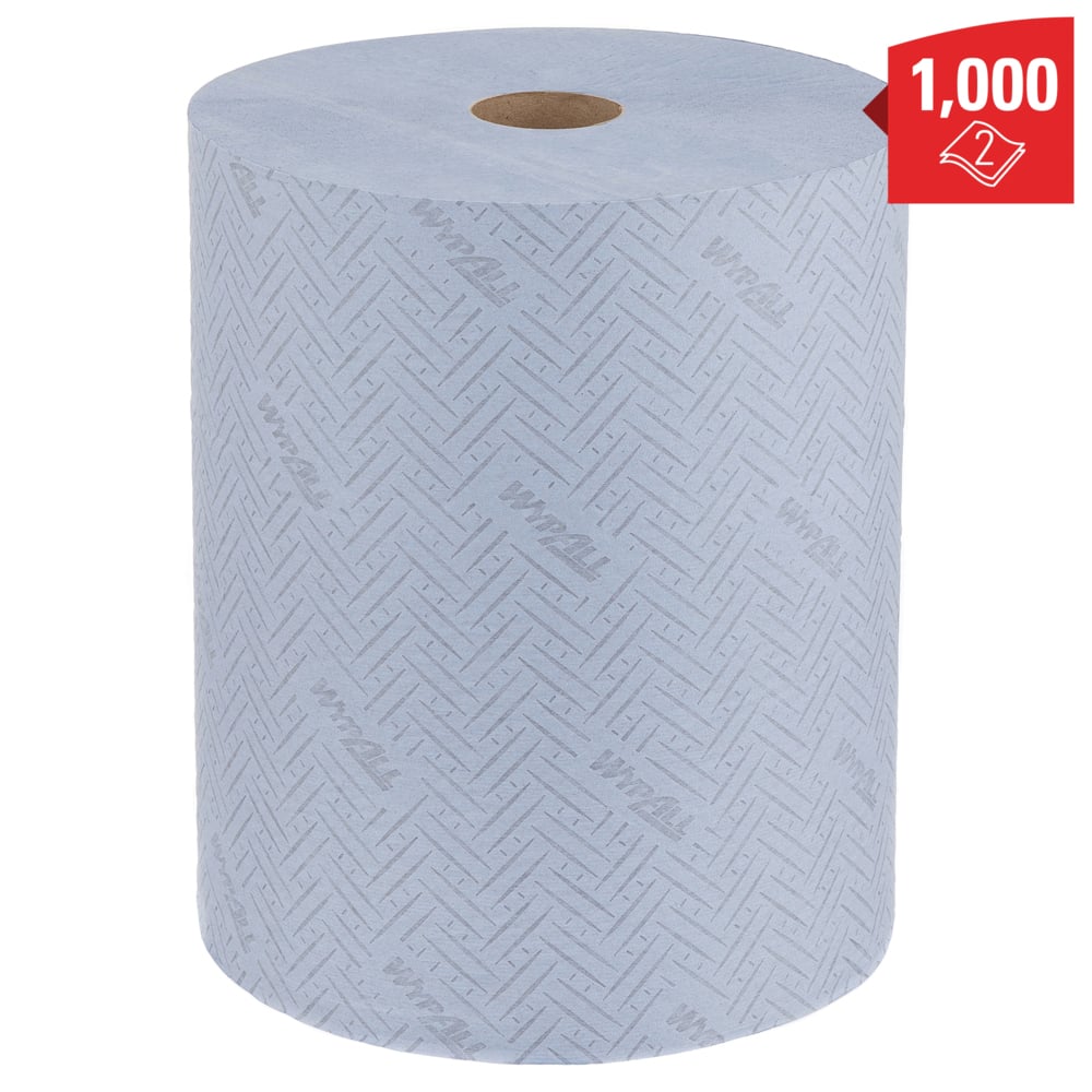 Das extrabreite blaue WypAll® L20 Papierwischtuch Großrolle der Kimberly-Clark GmbH zeichnet sich durch eine dezent gemusterte Struktur und den Aufdruck "Wypall" aus. Das rote Etikett zeigt 1.000 Blatt und ein zweilagiges Symbol.