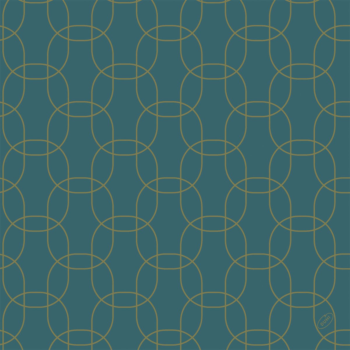 Un motif géométrique de cercles dorés imbriqués sur un fond bleu sarcelle foncé est imprimé sur les serviettes Dunisoft 40x40cm de Duni GmbH. Il forme une grille symétrique avec l'inscription discrète "MIRO" dans le coin inférieur droit.