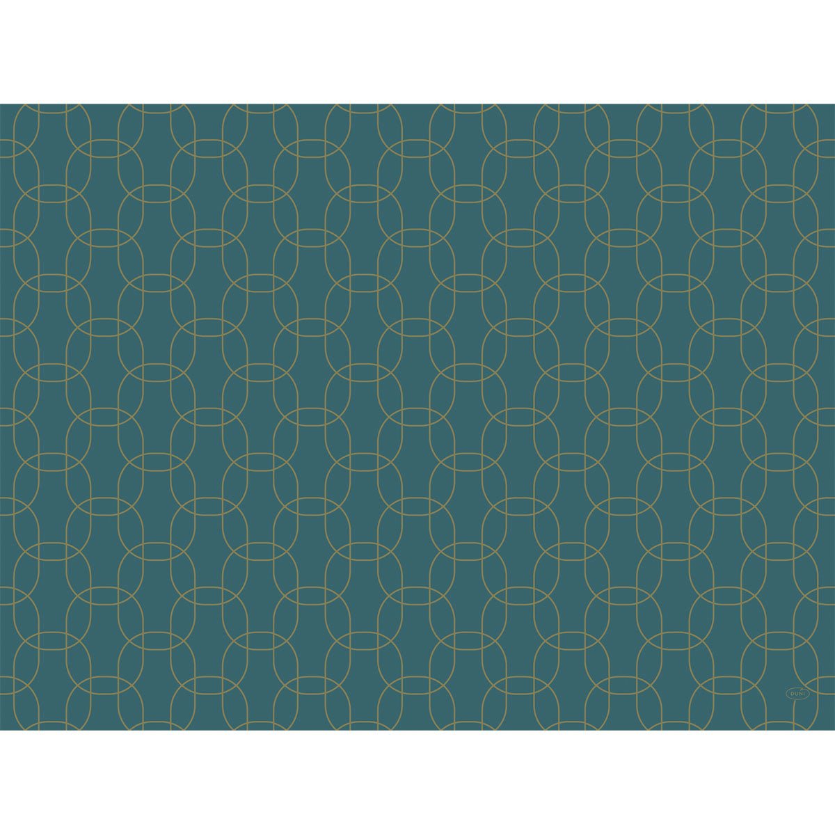 Un fond de couleur bleu sarcelle, sur lequel s'entrecroisent de fines courbes dorées, crée un motif géométrique en forme de grille – idéal pour les sets Dunicel 30 x 40 de Duni GmbH.