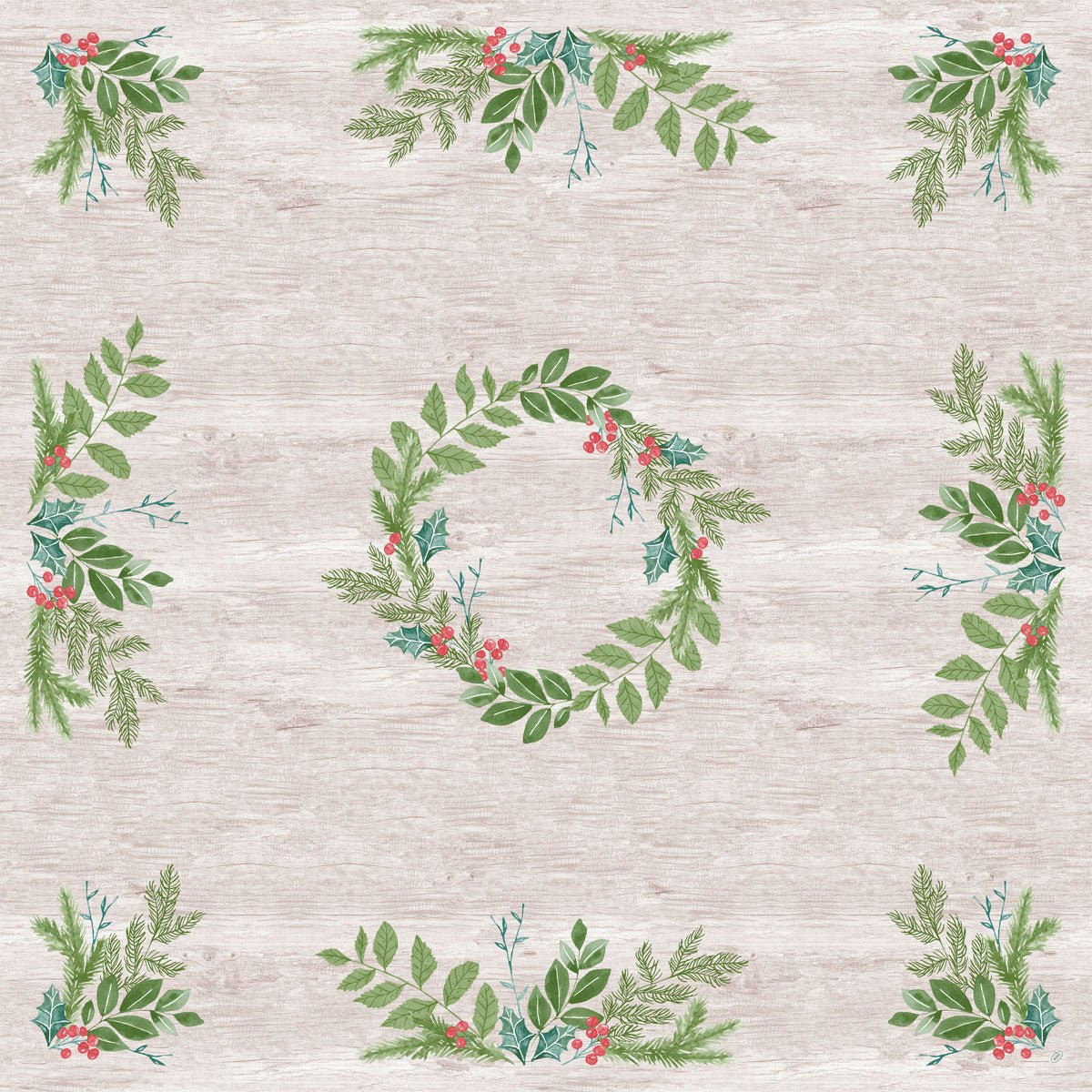 Un fond en bois clair avec une décoration de table feuillue verte dans chaque coin et une couronne circulaire de feuillage et de baies rouges rappelle la nappe de table festive et déperlante Dunisilk(Plus) 84x84 de Duni GmbH.