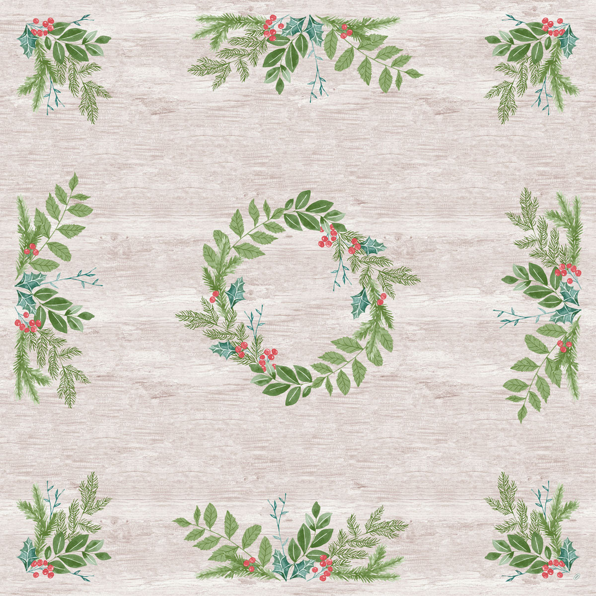 Die Dunicel-Mitteldecke 84x84cm Winter Greenery von Duni GmbH zeigt grüne Blätterkränze mit roten Beeren auf einem hellen holzstrukturierten Hintergrund, ideal als umweltfreundliche Tischdecke für winterliche Zusammenkünfte. Die Packung enthält 20 Stück.
