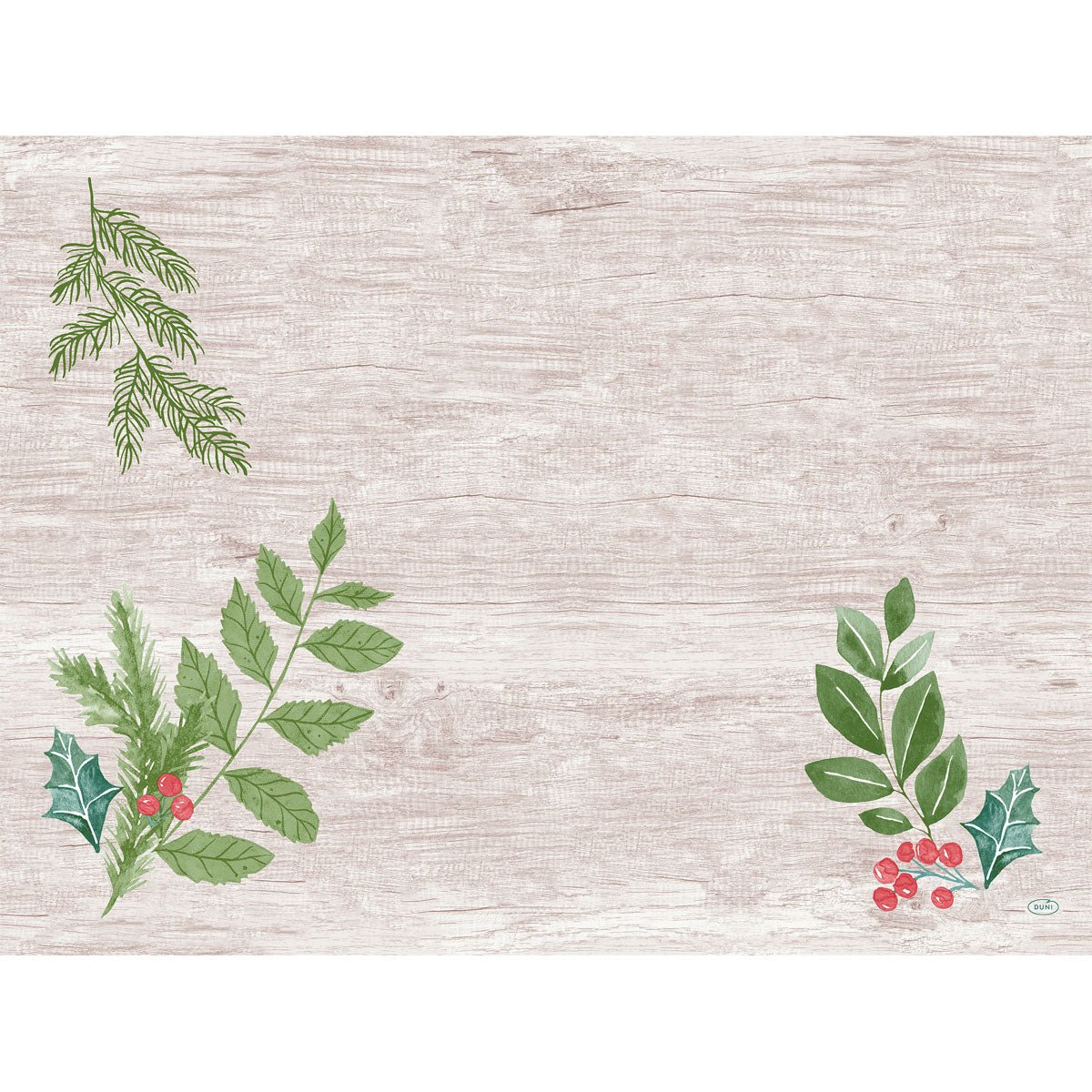 Un fond en bois clair orné de feuilles vertes et de baies rouges dans les coins, idéal pour la présentation des sets Dunicel 30 x 40 de la société Duni GmbH. Le centre est vide et offre de la place pour du texte ou d'autres éléments.