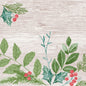 Watercolor Winter Greenery Design mit grünen Stechpalmen, Tannenblättern und roten Beeren in den Ecken auf einem hellen Holzhintergrund. Die Mitte ist leer. Ideal für Servietten 40x40 4-lagig Klassik Winter Greenery von Duni GmbH, Packung (50 Stück).