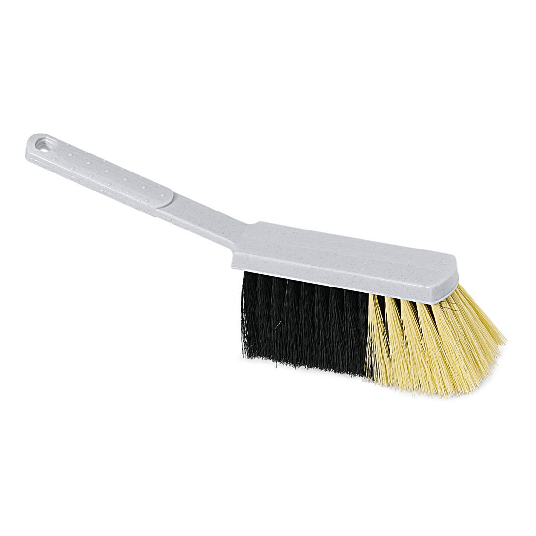 Le balai à main Nölle Profi Brush de 30 cm de Nölle Profi Brush Bürsten- & Pinseltechnik e.K. a un manche en plastique gris et un mélange de qualité Granite avec des poils bicolores, noirs d'un côté et jaunes de l'autre.