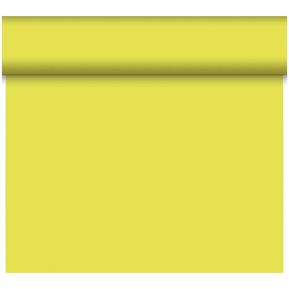 Eine teilweise abgerollte Rolle Bio-DC Tete a Tete (0,4x24m, kiwi) von Duni GmbH wird auf weißem Hintergrund präsentiert und zeigt die strapazierfähige und glatte Oberfläche - perfekt als vielseitige Dekoration für kreative Projekte.