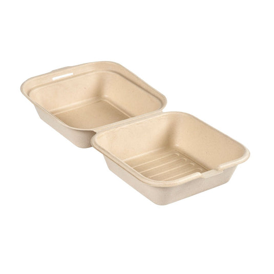 Le Clamshell 475 ml - non couché, brun, à base de bagasse, 155 x 155 x 80 de Duni GmbH (lot de 50 pièces) est un récipient à emporter biodégradable, de couleur brunâtre, fabriqué à partir de fibres moulées : un emballage respectueux de l'environnement pour vos repas.